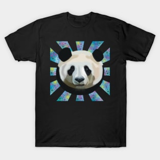 Striking Panda bear on Blue Bubble patterned sun rays T-Shirt